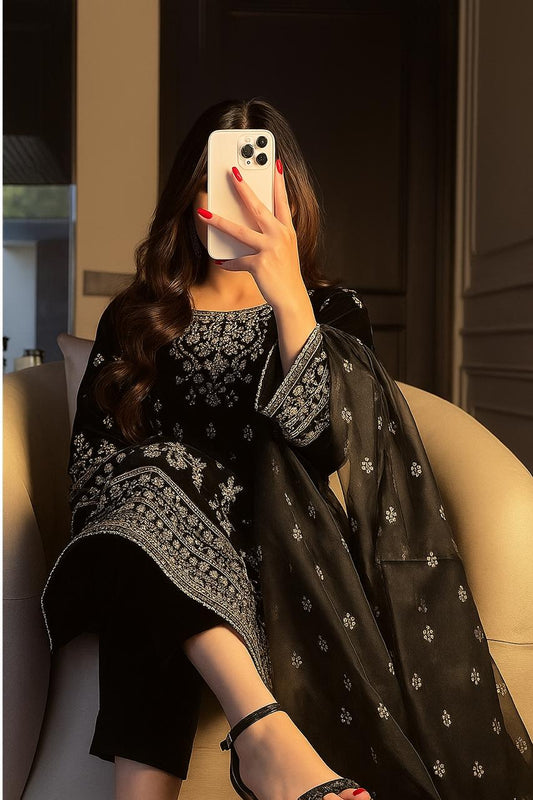 LIBAS Inspired Black Cotton Embroidered Kurta Set With Dupatta Set