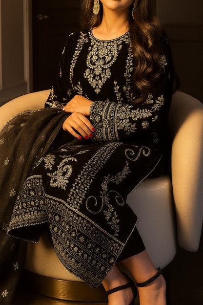 LIBAS Inspired Black Cotton Embroidered Kurta Set With Dupatta Set